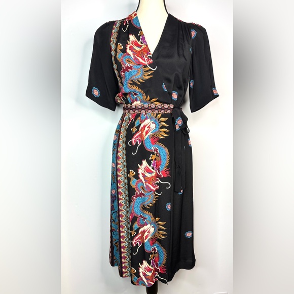 Vintage Anita Kantor 70s / 80s Black Midi Wrap Dress Asian Dragon Print Small - Picture 2 of 14